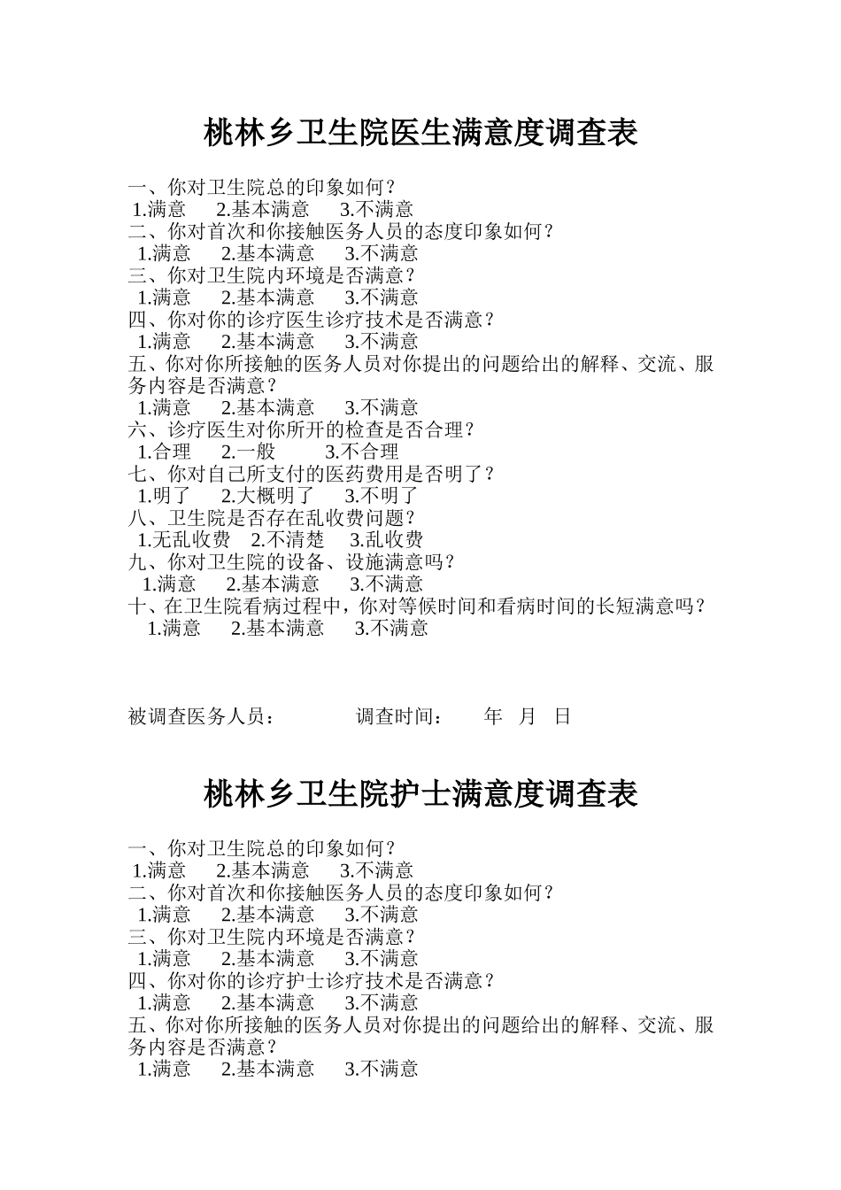 桃林乡卫生院医生满意度调查表_第1页