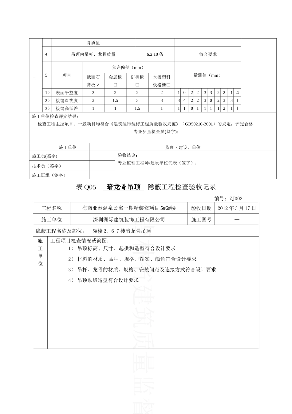 天花暗龙骨吊顶隐蔽报验表1_第2页