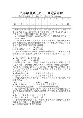 九年级世界历史上下册综合试卷