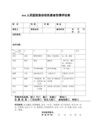 创伤评分急诊创伤患者伤情评估表