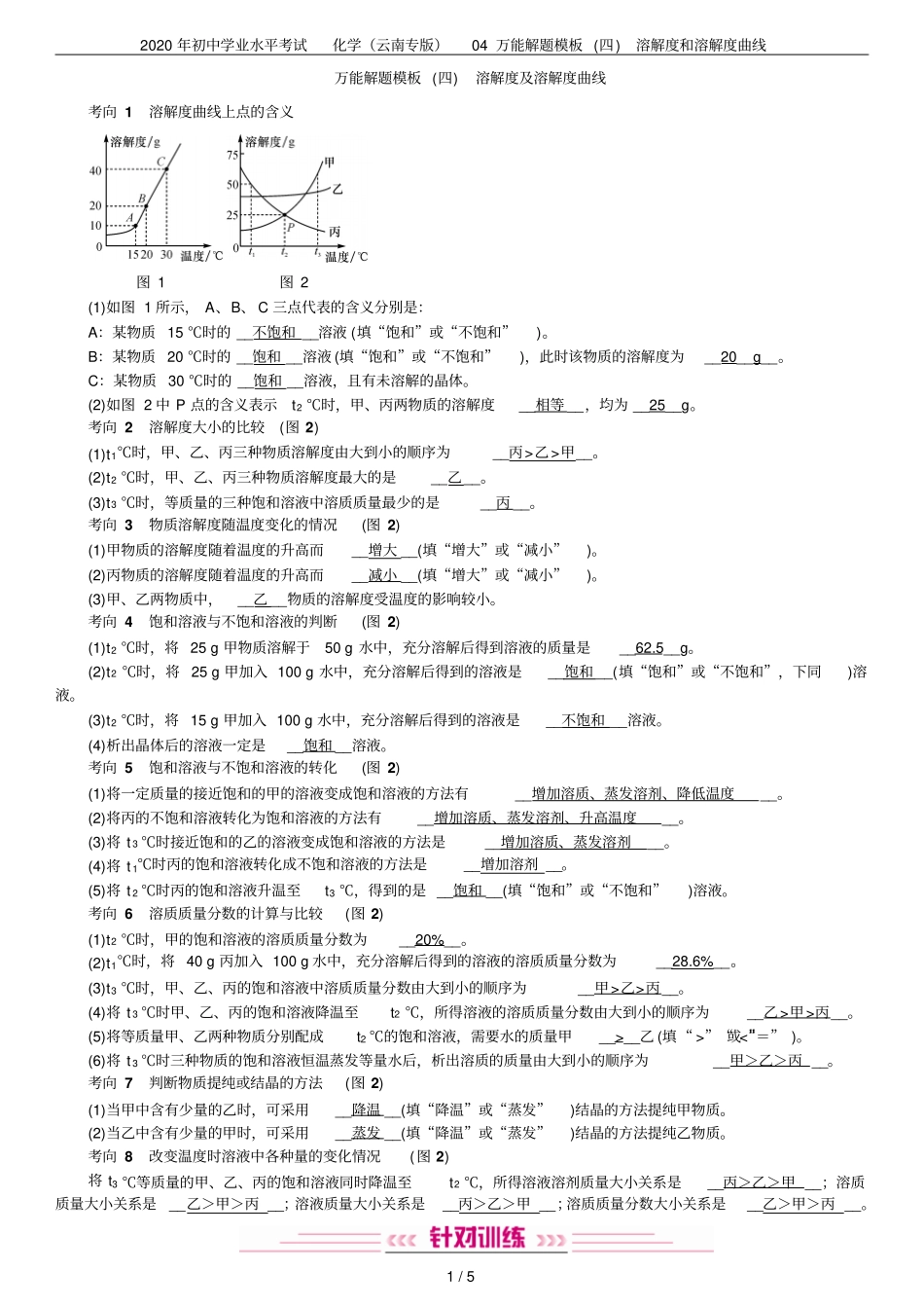 2020年初中学业水平考试化学云南专版04万能解题模板四溶解度和溶解度曲线_第1页