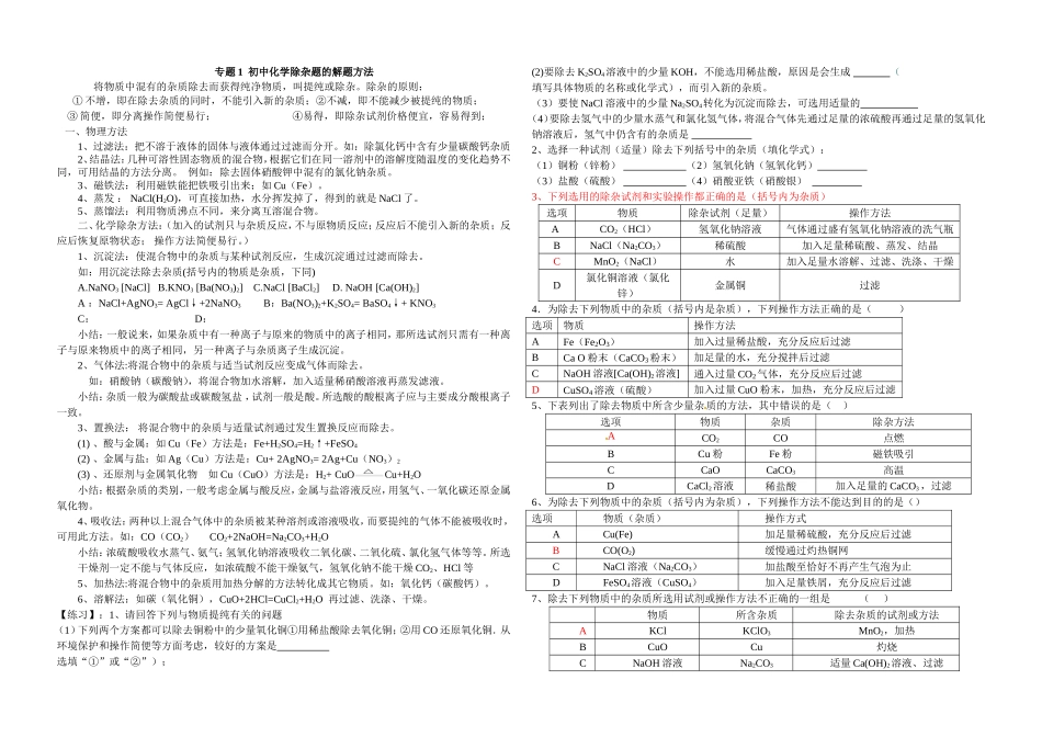 专题1：化学除杂题_第1页