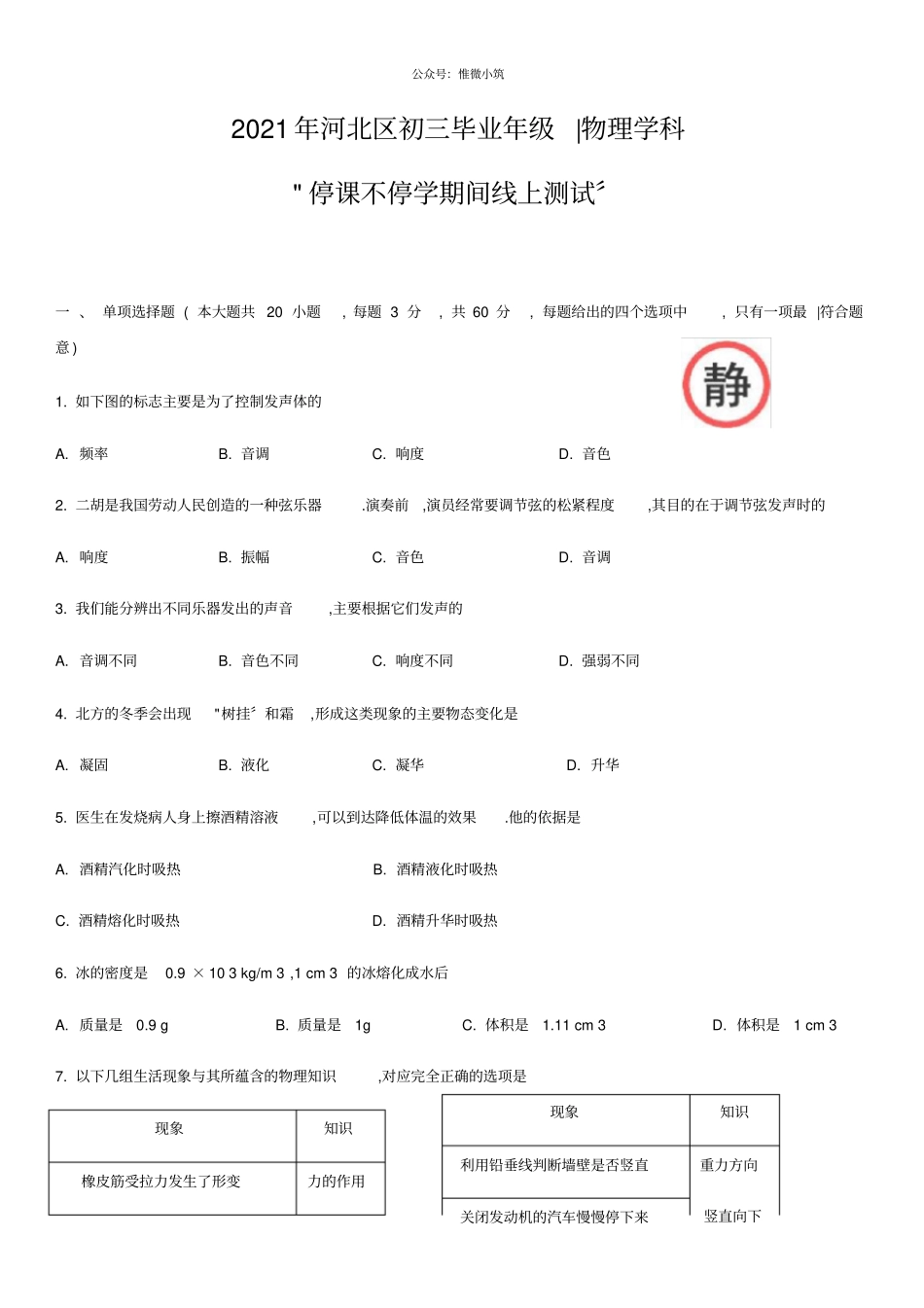2020年天津河北区初三物理结课考及答案_第1页