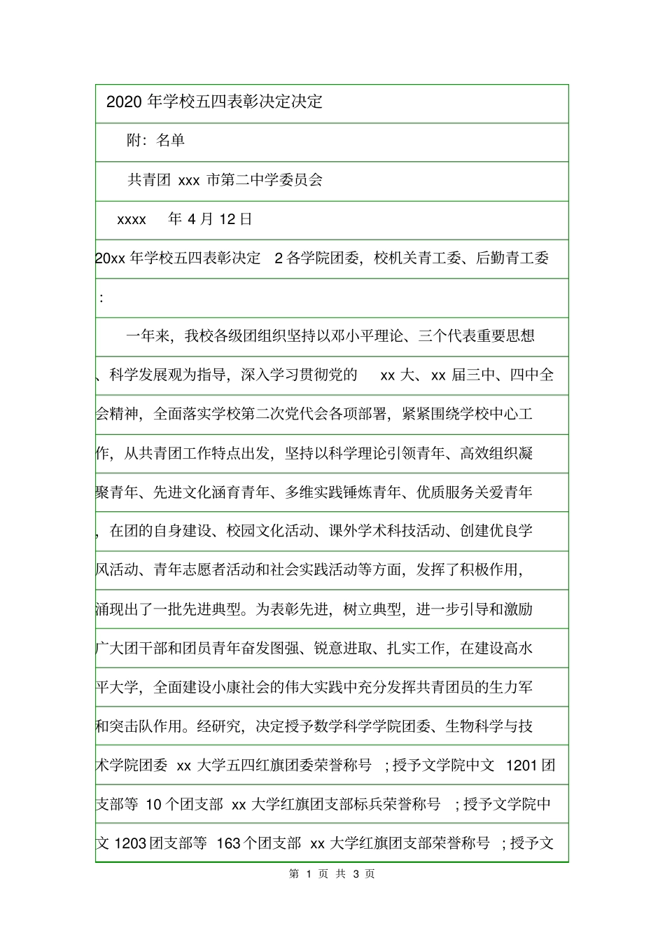 2020年学校五四表彰决定决定_第1页