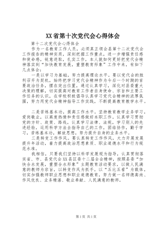 XX省第十次党代会心得体会 