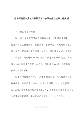 经济开发区年度工作总结及下一步国有企业改革工作规划