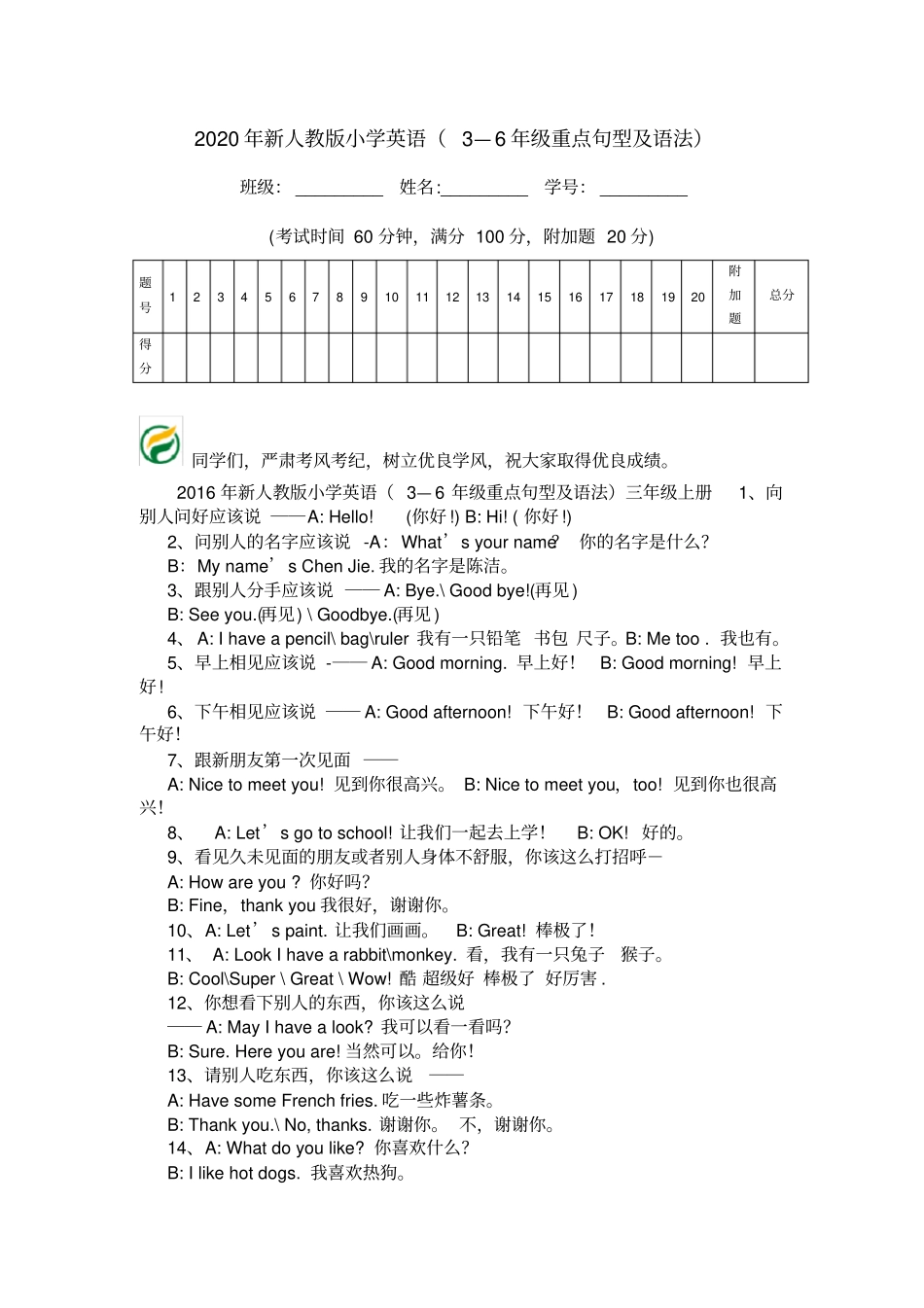2020年新人教版小学英语3—6年级重点句型及语法_第1页