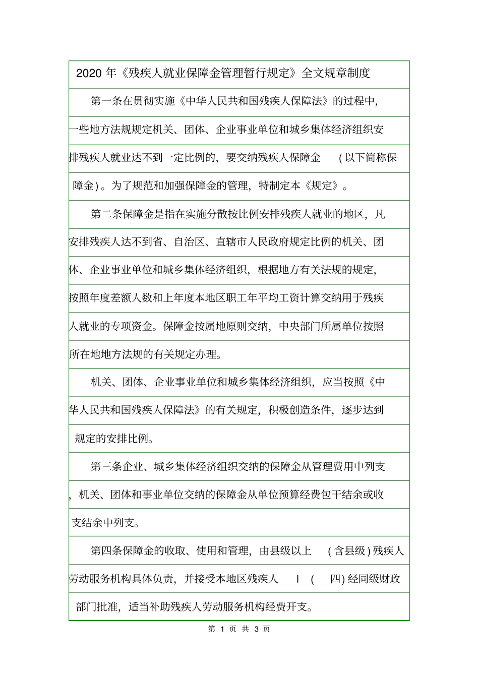 2020年残疾人就业保障金管理暂行规定全文规章制度_第1页