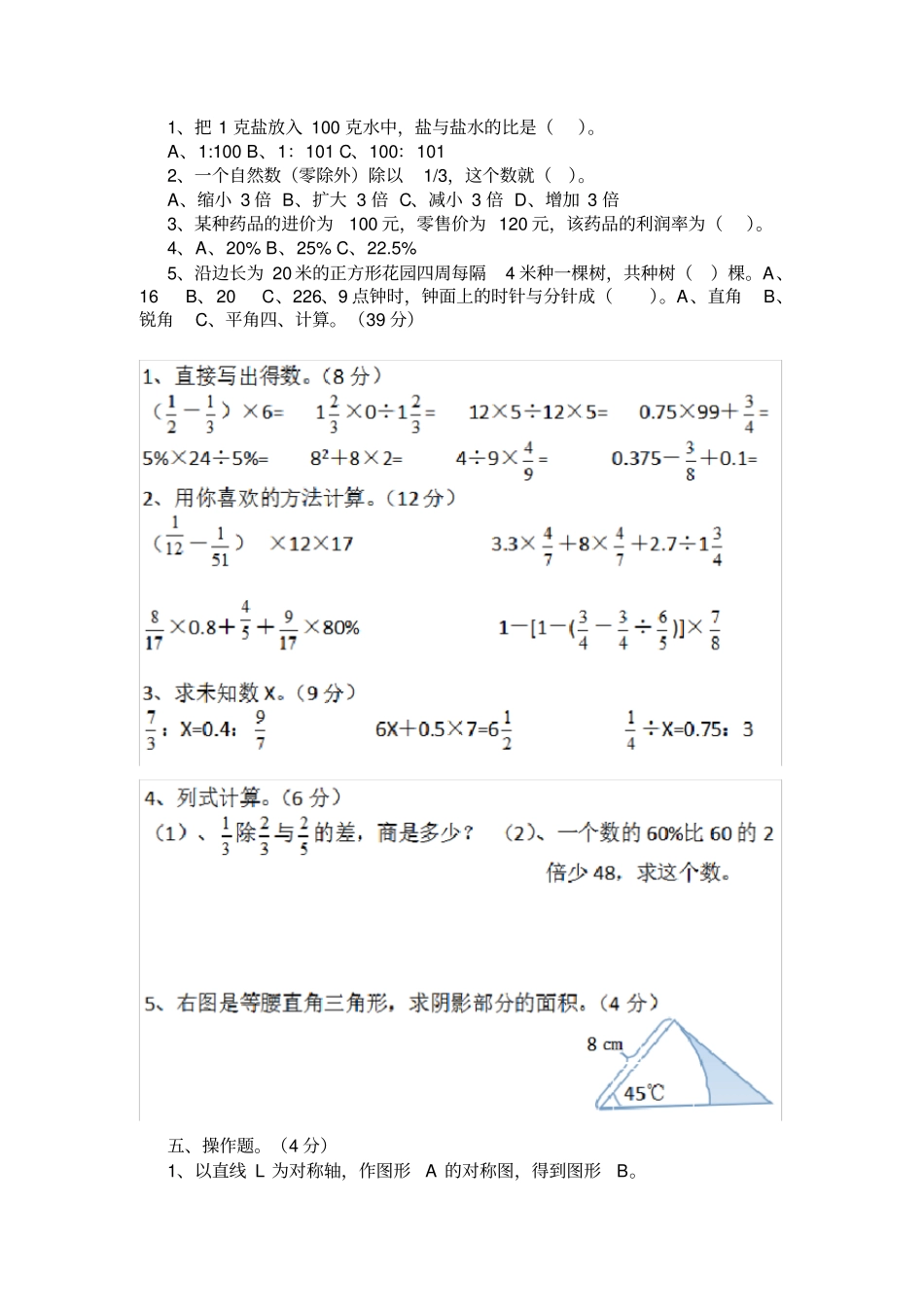 2020年长沙小学数学毕业考试试卷_第2页