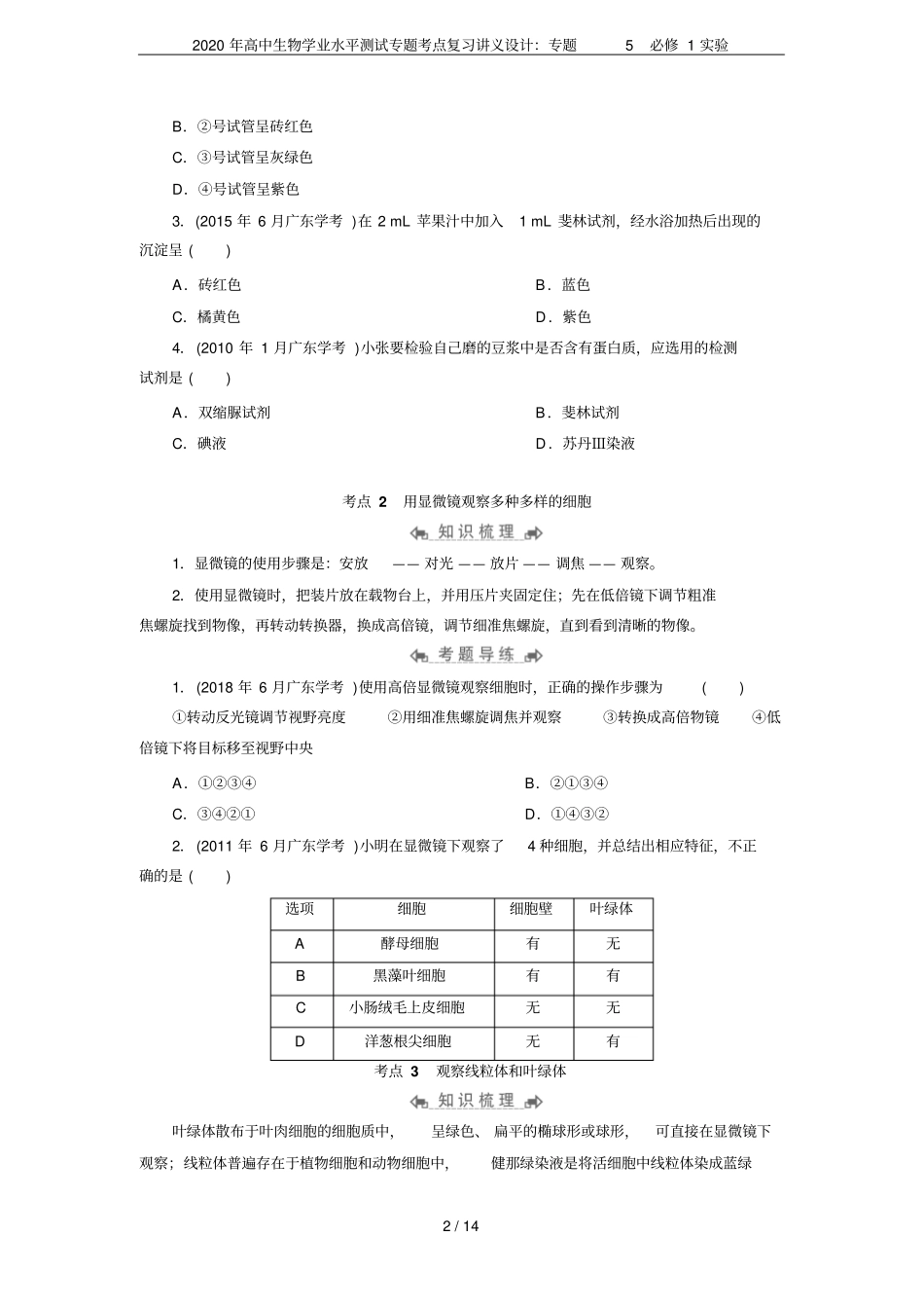 2020年高中生物学业水平测试专题考点复习讲义设计：专题5必修1试验_第2页