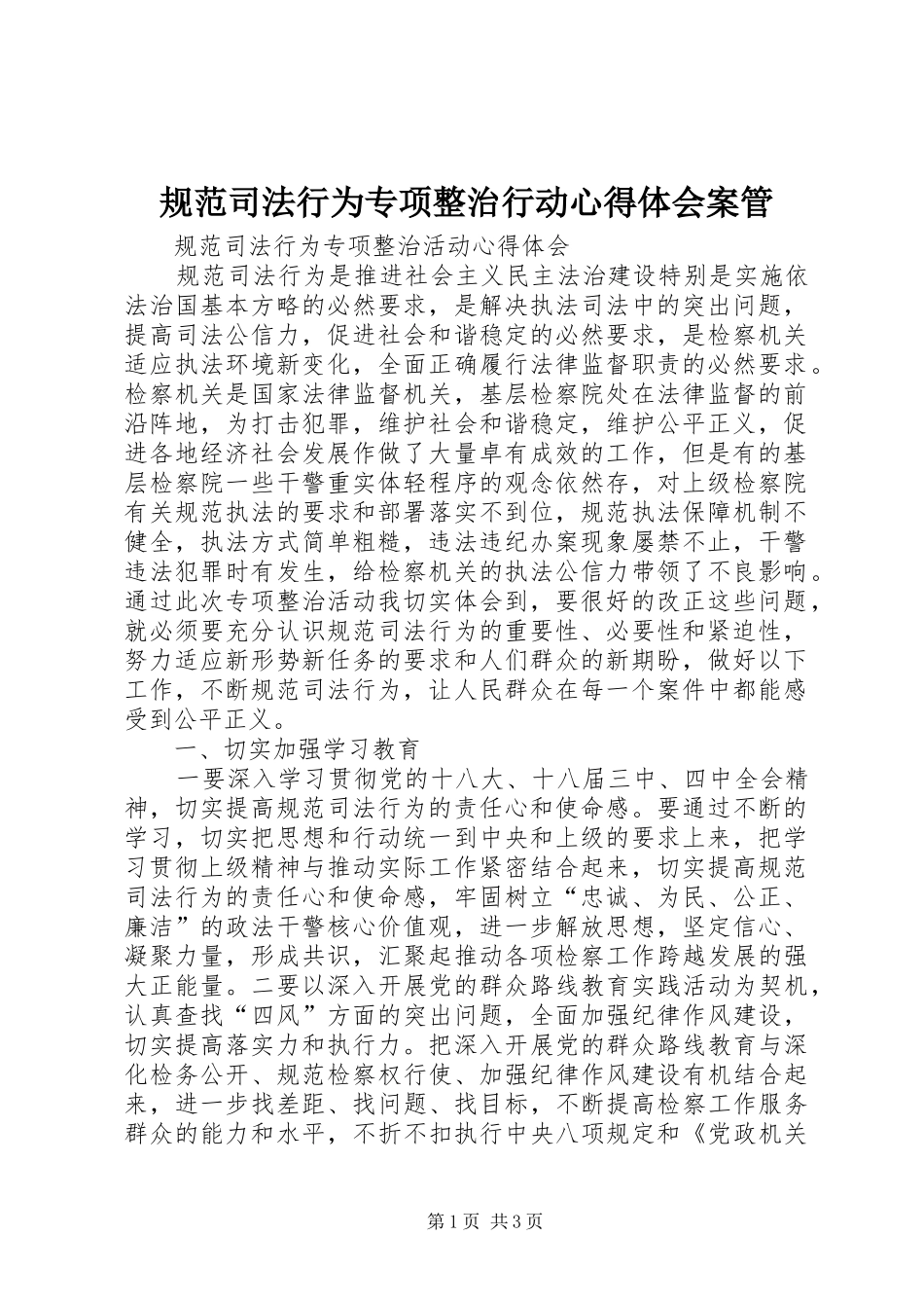 规范司法行为专项整治行动心得体会案管 _第1页