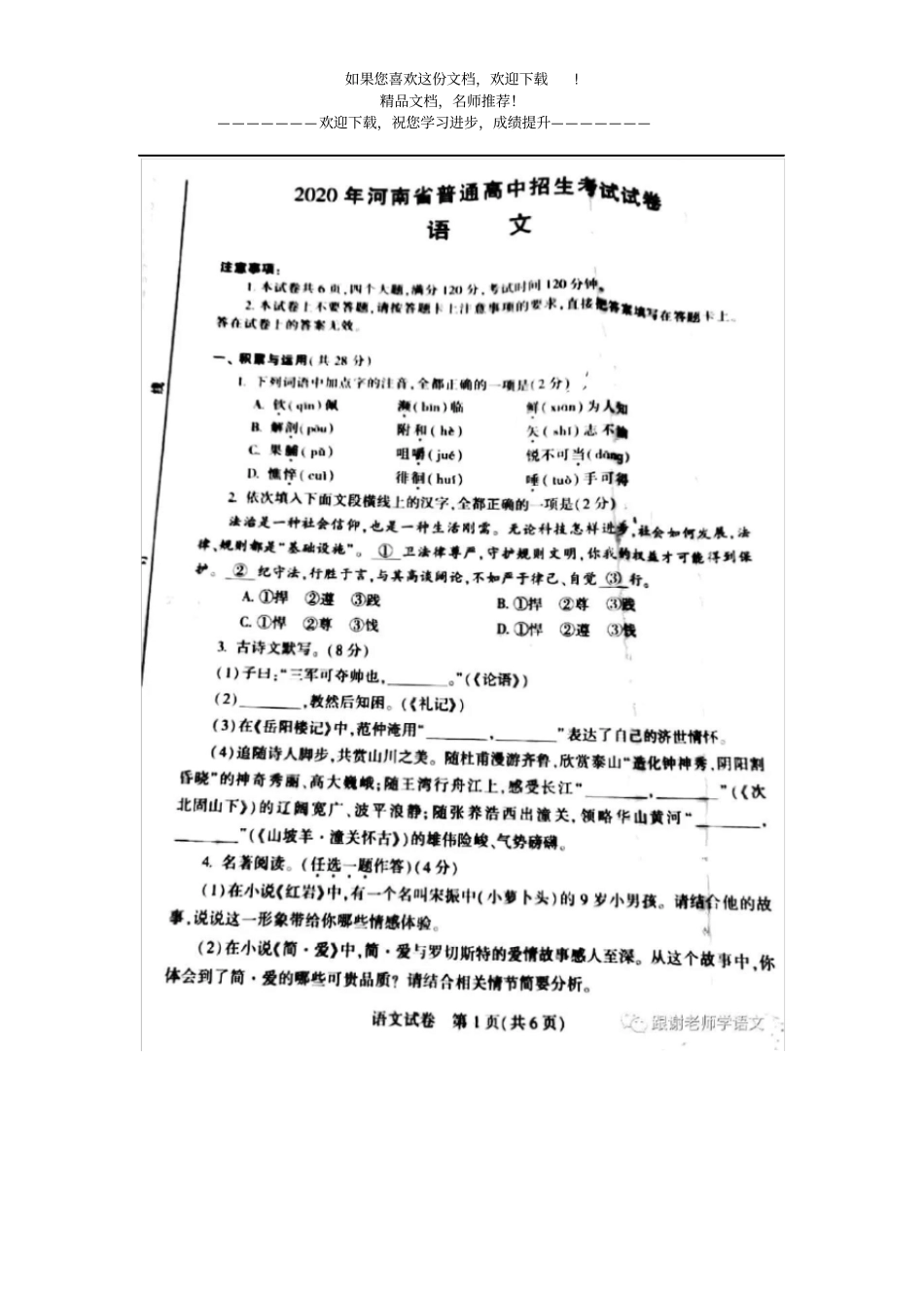 2020河南中考语文试卷无答案_第1页