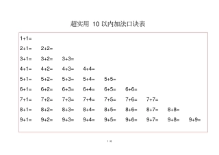 20以内加减法口诀表含计算