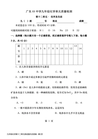 九年级化学第十二单元测试题内含答案