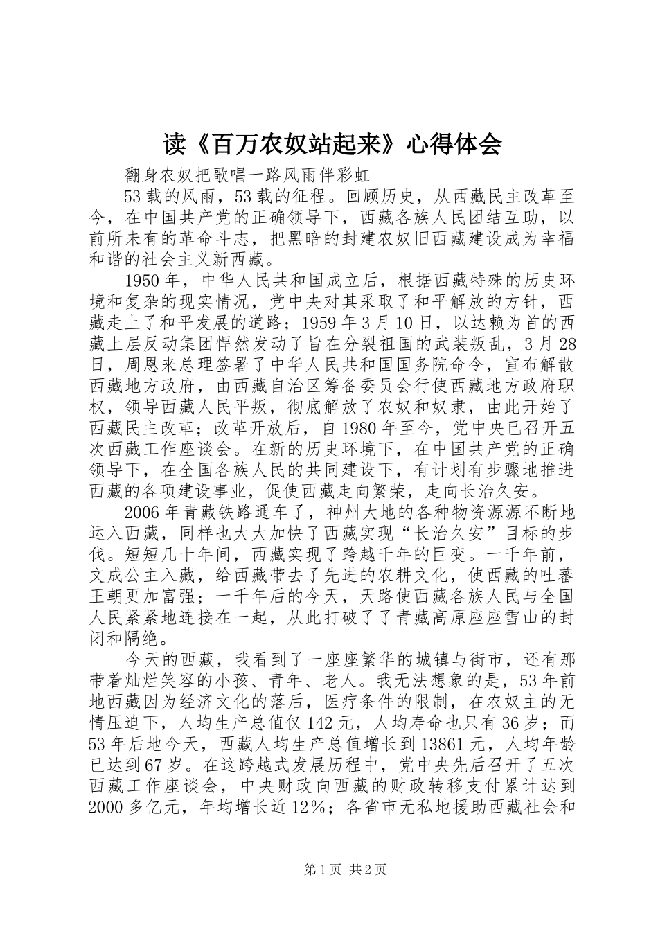 读《百万农奴站起来》心得体会 _第1页