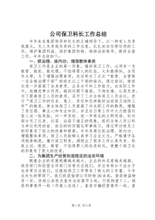 公司保卫科长工作总结