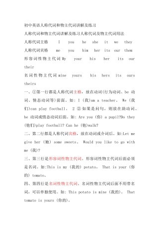 人称代词和物主代词讲解及练习