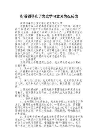 街道领导班子党史学习意见情况反馈