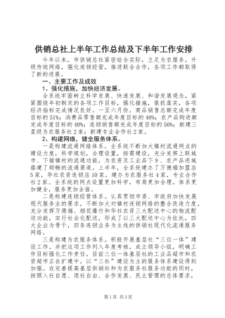 供销总社上半年工作总结及下半年工作安排