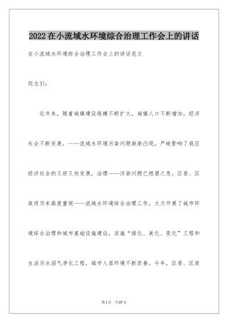 2024在小流域水环境综合治理工作会上的讲话