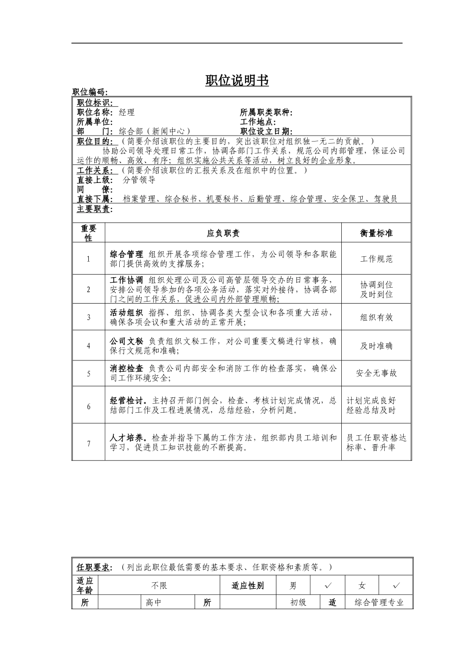 经理（兼新闻中心主任）岗位说明书_第1页
