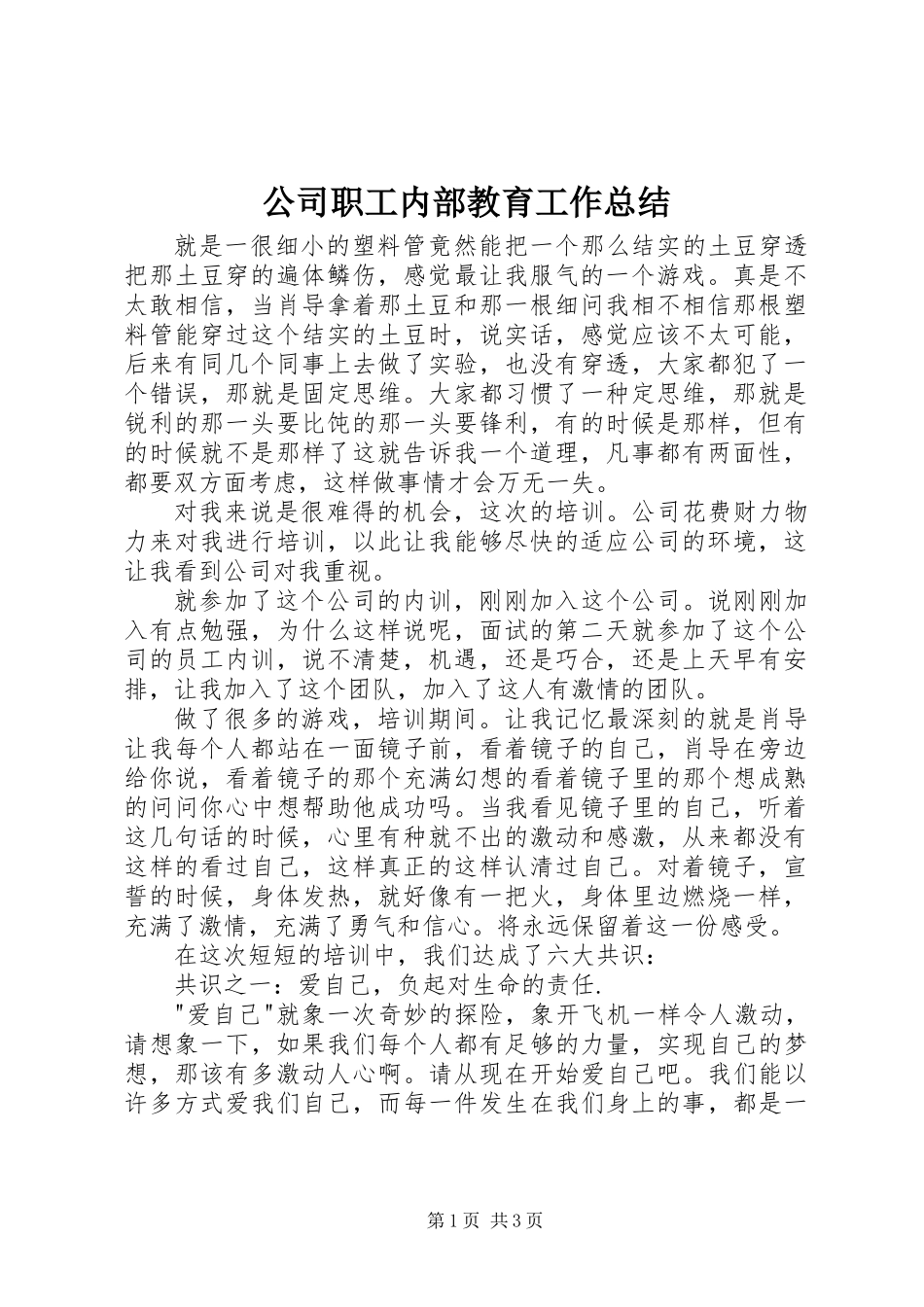 公司职工内部教育工作总结_第1页