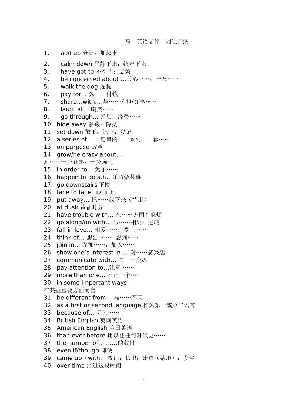 高一英语必修一词组归纳_第1页