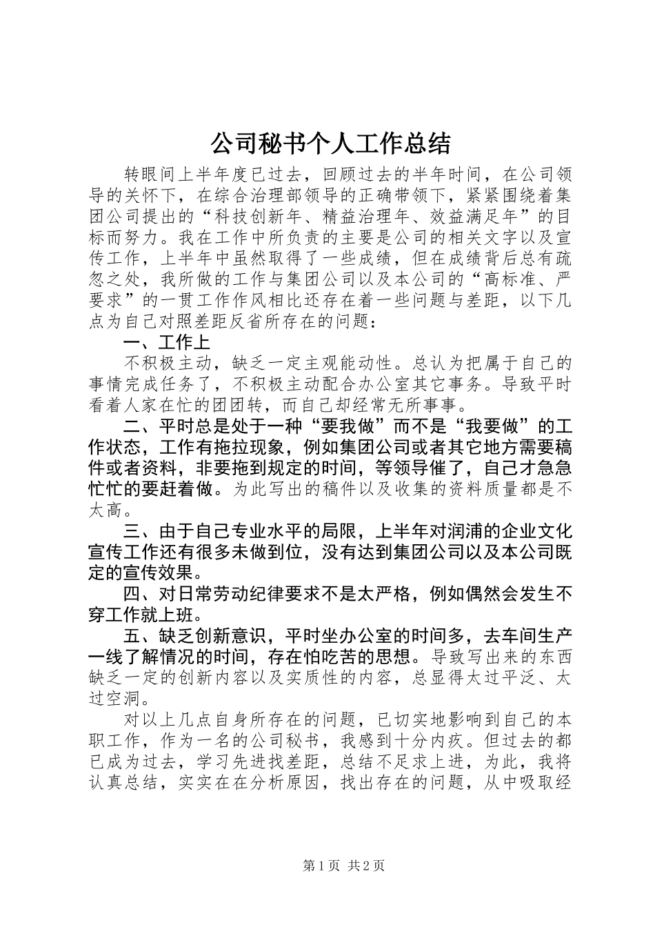 公司秘书个人工作总结_第1页
