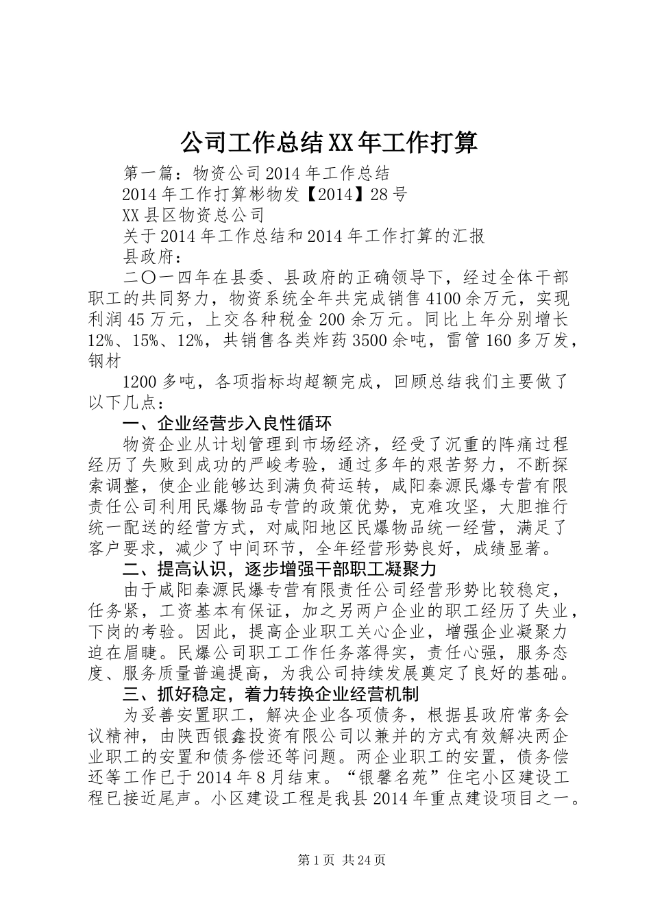 公司工作总结XX年工作打算_第1页