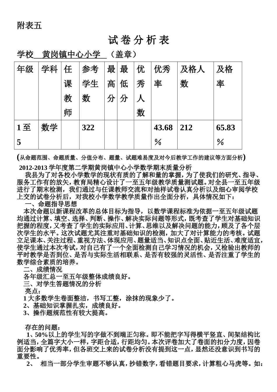 黄岗镇中心小学数学试卷分析20130630_第1页