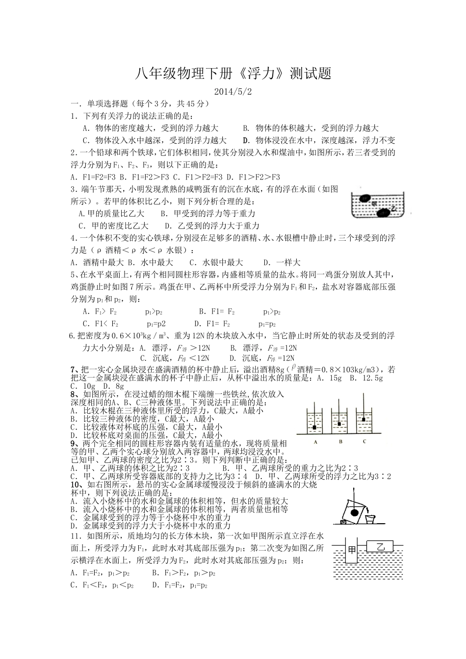 八年级物理浮力测试题_第1页