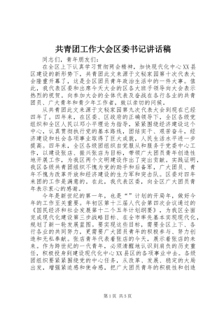 共青团工作大会区委书记讲话稿