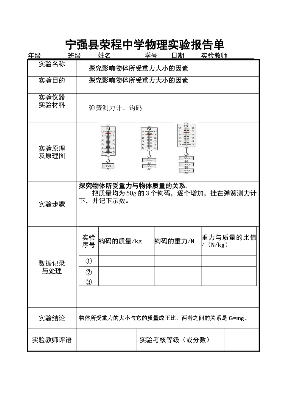 宁强县荣程中学物理实验报告单力2_第1页