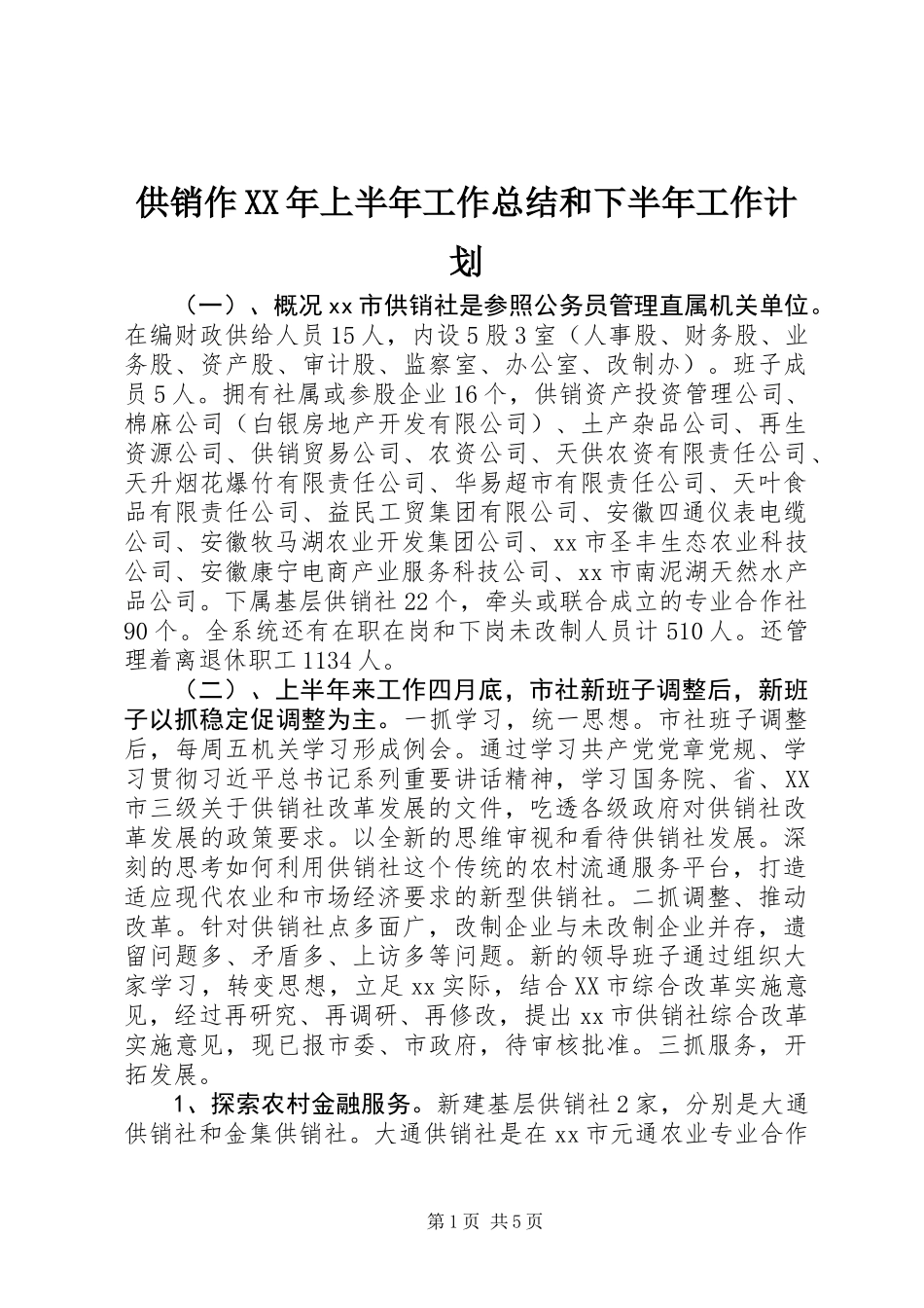 供销作XX年上半年工作总结和下半年工作计划_第1页