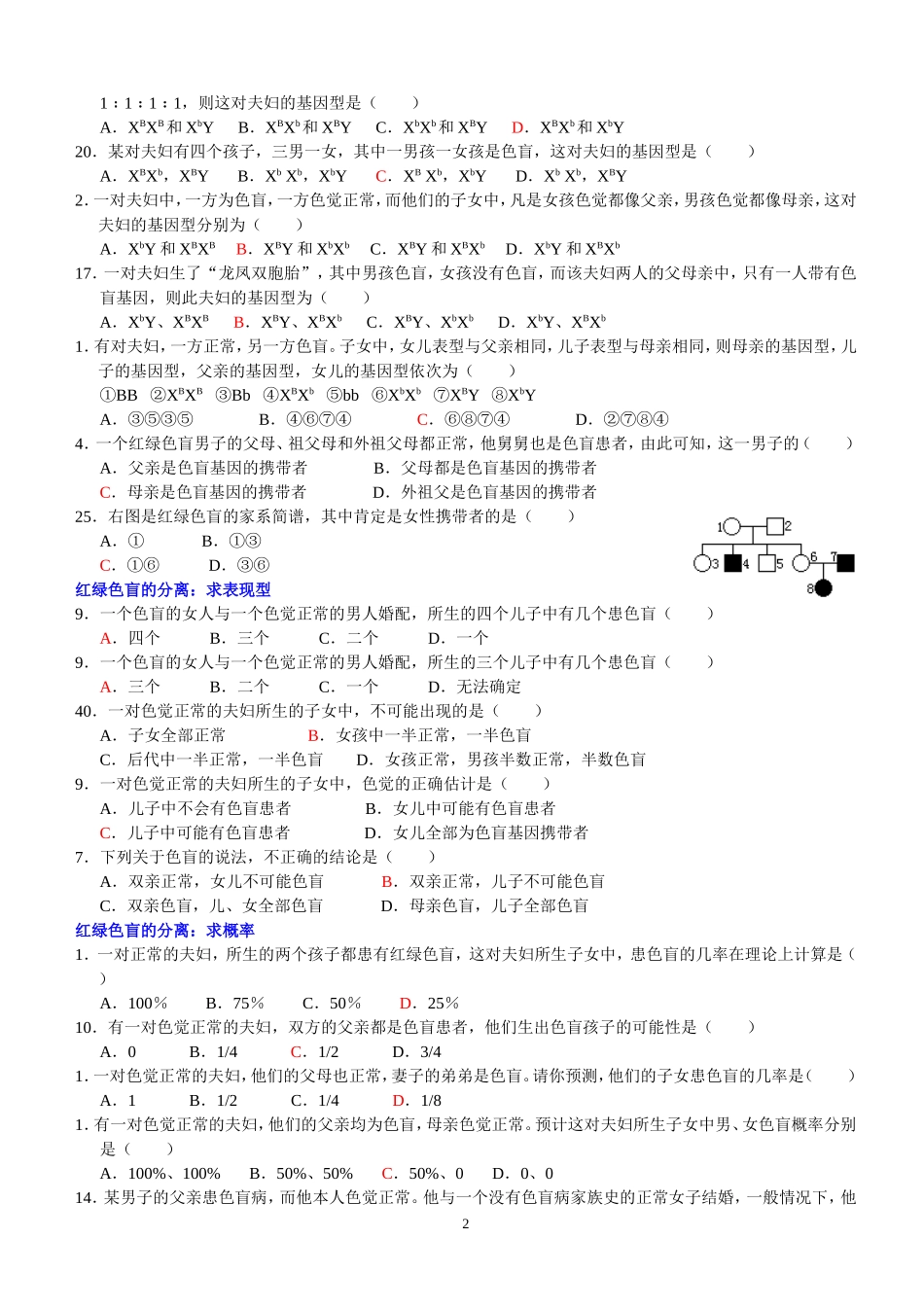 红绿色盲的遗传特点 有答案_第2页