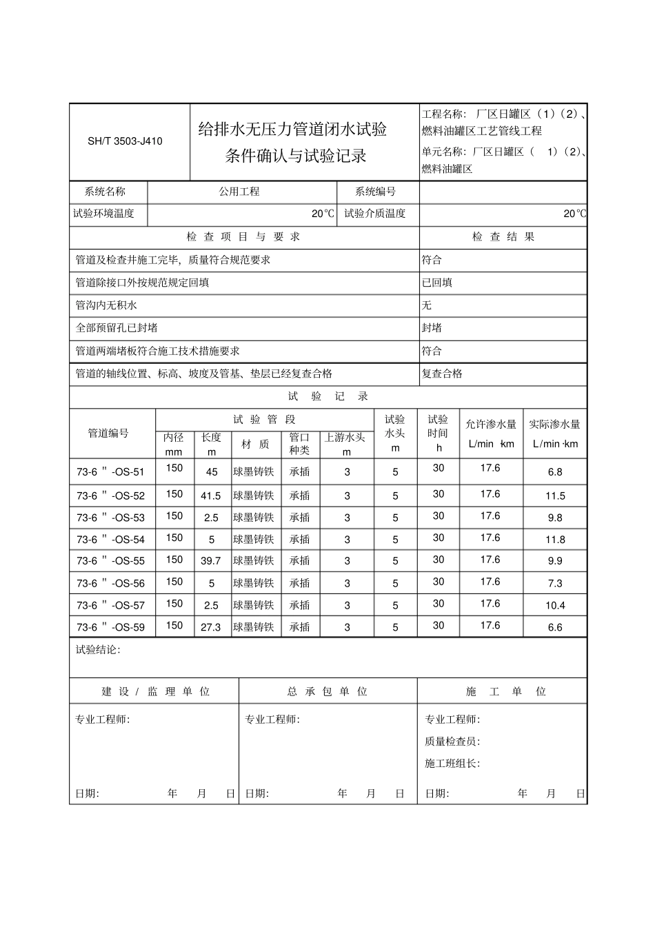 350J410给排水无压力管道闭水试验条件确认与试验记录1_第1页