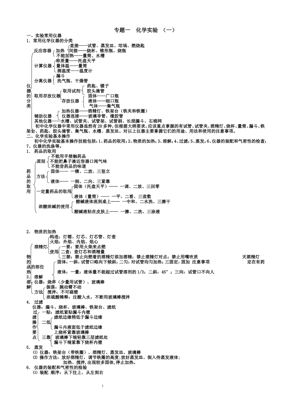 中考化学实验知识要点专题一化学实验_第1页