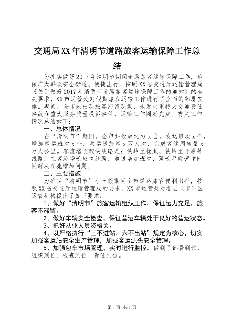 交通局XX年清明节道路旅客运输保障工作总结_第1页