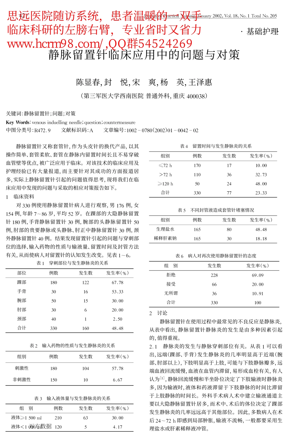静脉留置针临床应用中的问题与对策_第1页