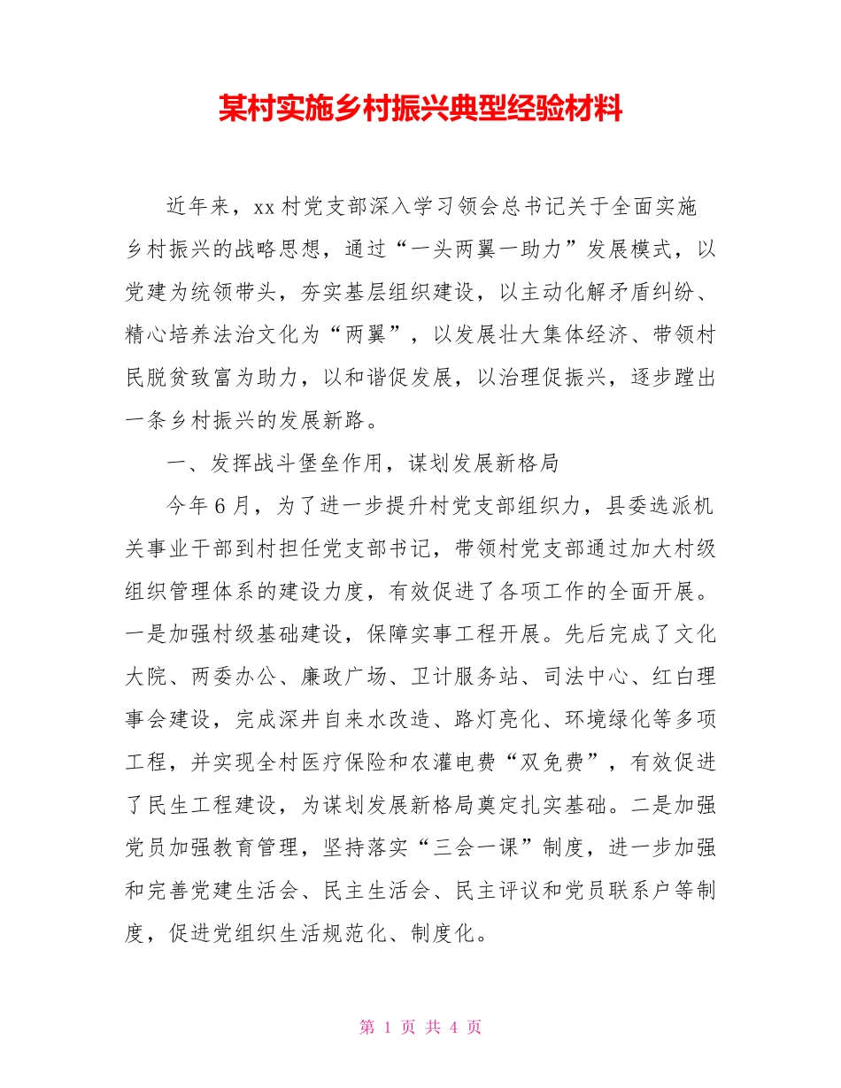 某村实施乡村振兴典型经验材料 _第1页