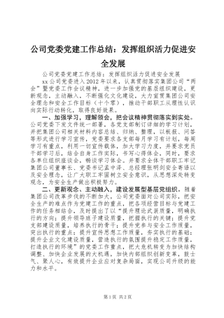 公司党委党建工作总结：发挥组织活力促进安全发展