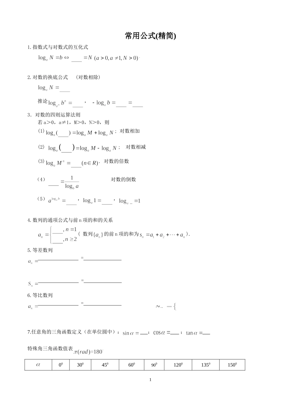 高中数学公式填空(精简版)_第1页