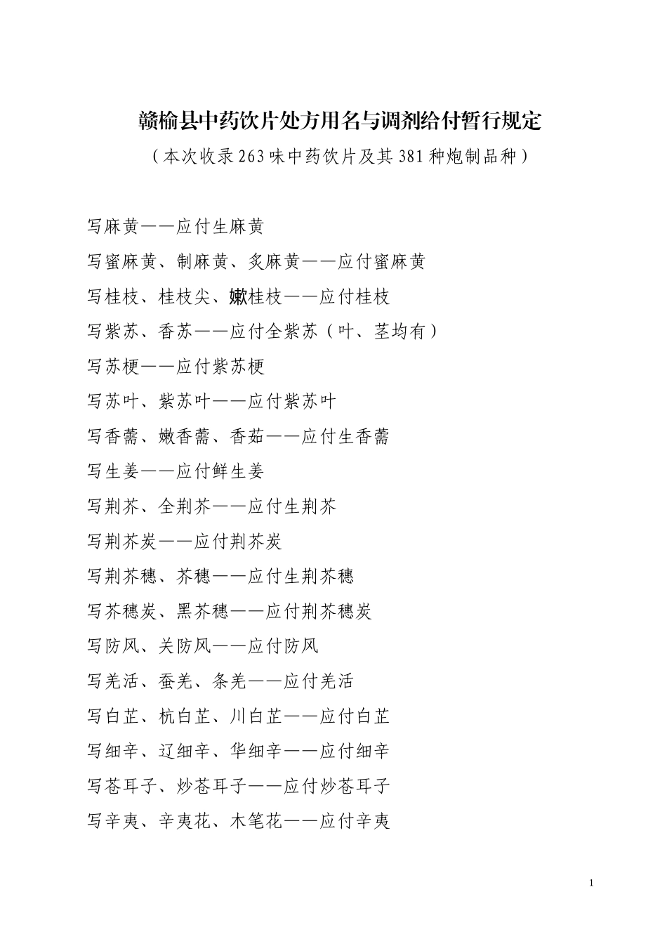 赣榆县中药饮片处方用名与调剂给付暂行规定_第1页