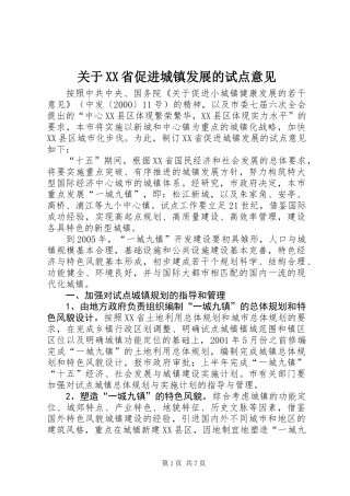 关于XX省促进城镇发展的试点意见