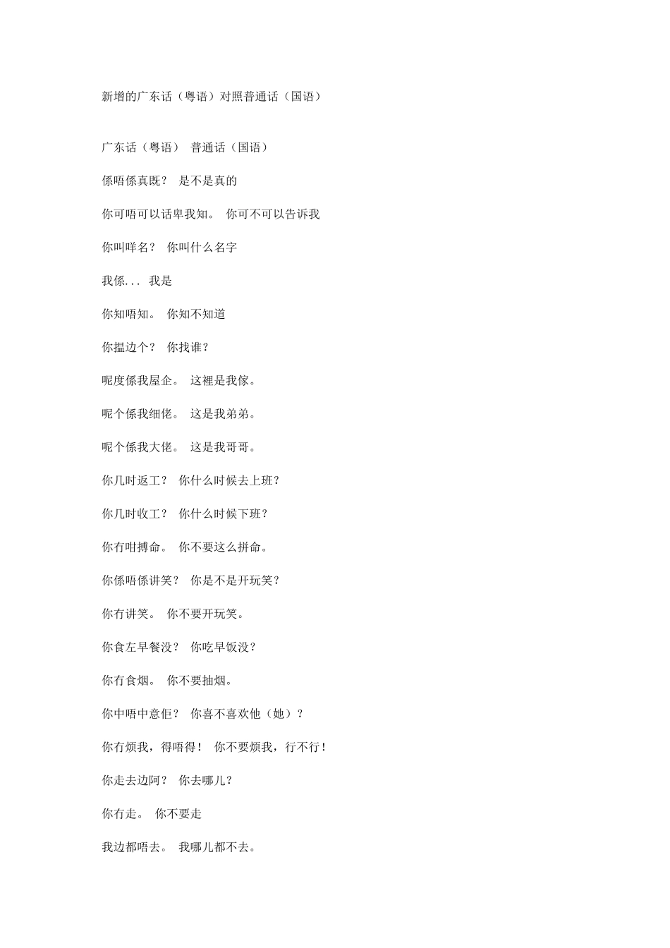 广东话(粤语)对照普通话(国语)_第1页