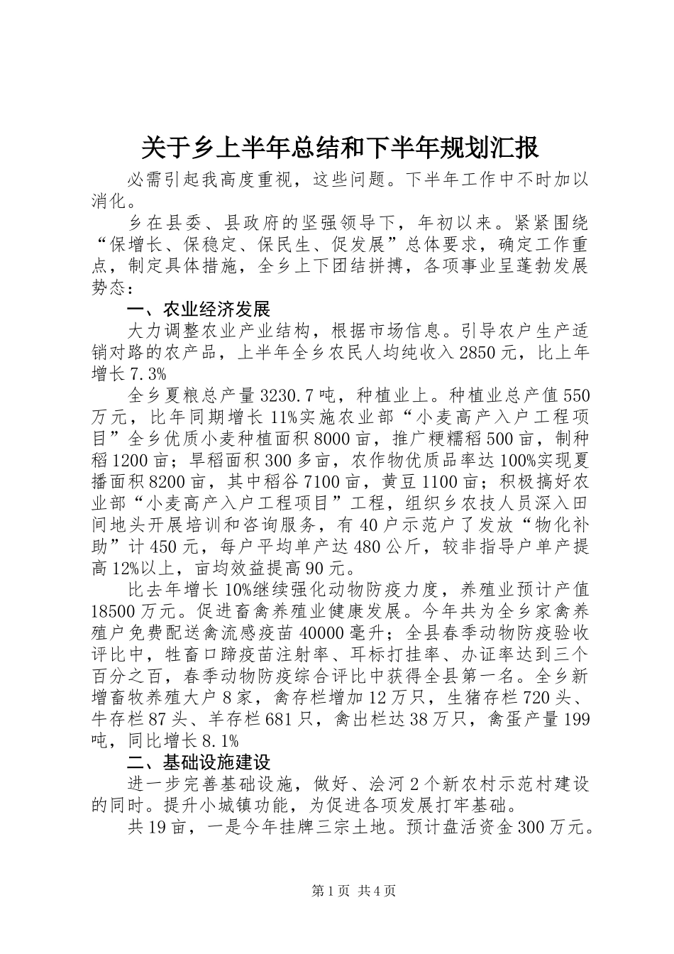 关于乡上半年总结和下半年规划汇报_第1页