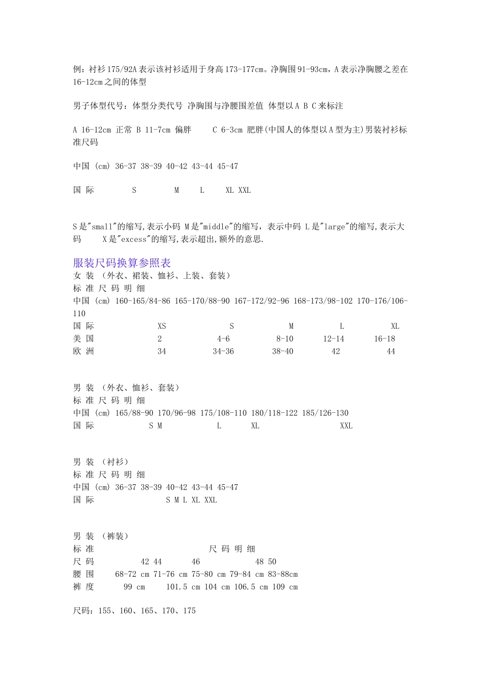 国际标准服装尺码对照表大全-实用衣服尺寸对照表_第3页
