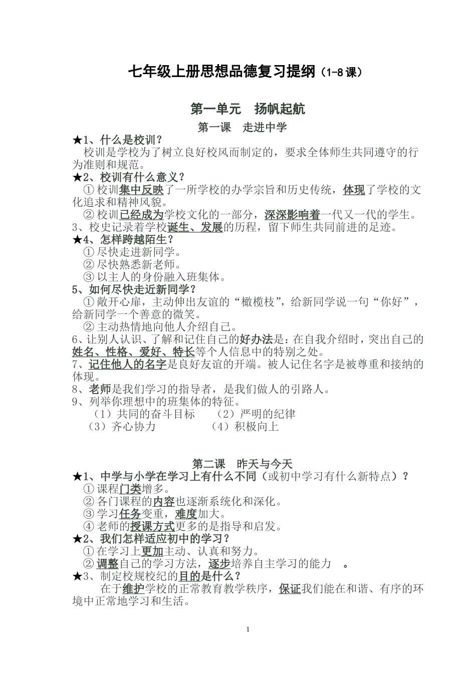 教科版七年级上册思想品德复习提纲（1-8课）_第1页