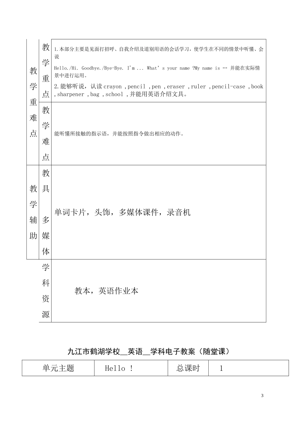 2012新版PEP三年级英语上册教案_第3页