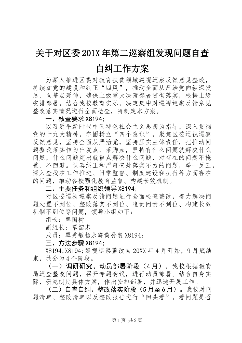 关于对区委201X年第二巡察组发现问题自查自纠工作方案_第1页